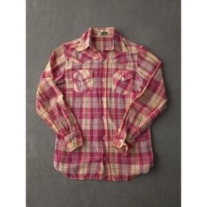 Vintage 1970s Southern Express Pink Indian Madras Cotton Western Shirt L Men's